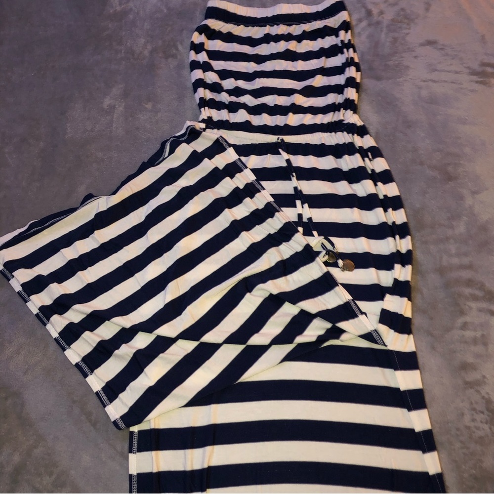 La Vie en Rose no sleeves stretchy striped white/blue midi dress/ strapless